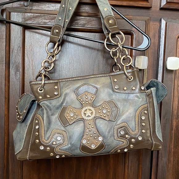Blazin Roxx Gray and Brown Studded Cross Shoulder Bag - Picture 1 of 5